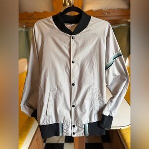 Vintage 90’s Men's Light Gray Bomber Jacket with Blue Trim